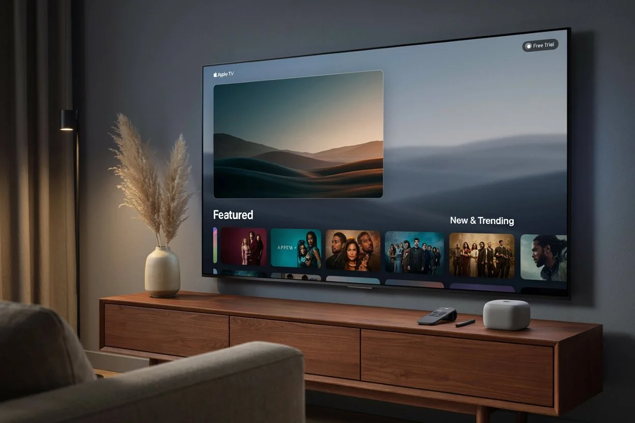 Apple TV Free Trial sign-up screen on iPhone and Apple TV